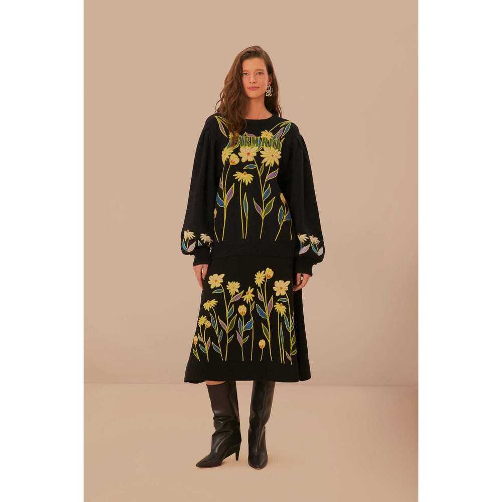 Black Farm Rio Flowers Embroidered Knit Skirt